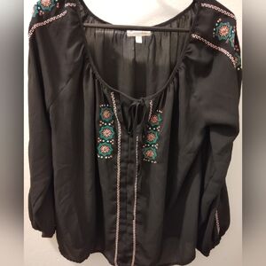Gianni Bini Black Blouse with Teal Embroidery